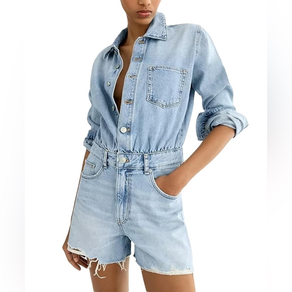 Paige denim romper long sleeve button down collar western shorts light wash